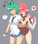  2girls animal_ears antennae blush breasts grabbing grabbing_from_behind green_eyes green_hair grey_background heart highres japanese_clothes large_breasts multiple_girls mystia_lorelei okamisty one_eye_closed open_mouth pink_hair shirt short_hair simple_background skirt smile tasuki touhou wade wings wriggle_nightbug wrist_grab yuri 