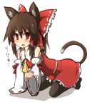  1girl all_fours animal_ears bare_shoulders bow brown_hair cat_ears cat_tail detached_sleeves fang hair_bow hakurei_reimu kemonomimi_mode kumo_(atm) long_hair open_mouth red_bow simple_background solo sweat tail touhou white_background wide_sleeves 