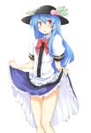  1girl blue_hair bow chata_maru_(irori_sabou) commentary_request food fruit hat highres hinanawi_tenshi long_hair open_mouth peach puffy_short_sleeves puffy_sleeves red_eyes shirt short_sleeves skirt skirt_lift solo touhou very_long_hair 