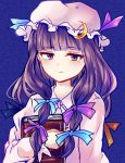  1girl book bow crescent hair_bow hat long_hair patchouli_knowledge purple_hair ribbon solo touhou uranaishi_(miraura) violet_eyes 