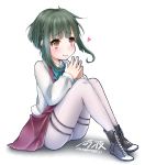  1girl ayakabu bangs blunt_bangs blush bob_cut bowtie brown_eyes green_hair heart highres kantai_collection pantyhose pout school_uniform short_hair sitting solo takanami_(kantai_collection) 