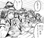  ahoge bare_shoulders detached_sleeves eating failure food hair_ornament hairband haruna_(kantai_collection) headgear hiei_(kantai_collection) japanese_clothes kantai_collection kirishima_(kantai_collection) kongou_(kantai_collection) long_hair lowres monochrome multiple_girls nontraditional_miko noodles ramen short_hair tears translation_request yapo_(croquis_side) 