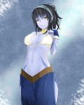  1girl black_hair blue blue_background blue_dress blue_skin celsius_(tales) choker cleavage_cutout dress expressionless gloves hairband highres milaria navel pointy_ears short_hair solo tales_of_(series) tales_of_symphonia yellow_eyes 