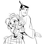  1boy 1girl back-to-back buck_teeth ed_herny freckles genderswap height_difference japanese_clothes kimono monochrome official_style puffy_sleeves samurai_jack samurai_jack_(character) the_scotsman topknot v 