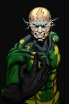  absurdres bald crosshatching electricity electro_(spider-man) evil_grin evil_smile facial_mark glowing glowing_eyes grin highres marvel no_pupils smile spider-man_(series) superhero unakichi 