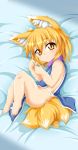  1girl animal_ears bare_arms bare_legs bare_shoulders barefoot blonde_hair fox_ears fox_tail kokujuuji looking_at_viewer lying multiple_tails naked_tabard on_side solo tabard tail touhou yakumo_ran yellow_eyes younger 