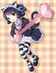  1girl animal_ears bell black_hair black_skirt bowtie cat_ears cat_tail curly_hair cyan_(show_by_rock!!) drogoth green_eyes headdress heart heart_guitar highres looking_at_viewer plaid plaid_background short_hair show_by_rock!! skirt striped striped_legwear tail thigh-highs zettai_ryouiki 