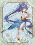  1girl black_dress blue_background blue_eyes blue_hair celsius_(tales) dress fighting_stance hairband highres ice imonosato long_hair pointy_ears shirt shoes side_slit sleeveless sleeveless_shirt solo tales_of_(series) tales_of_eternia white_shoes white_skin 