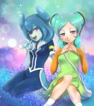  2girls aqua_hair beta_(inazuma_eleven) blue_hair blue_skin hands_together highres inazuma_eleven_(series) inazuma_eleven_go inazuma_eleven_go_chrono_stone inazuma_eleven_go_galaxy long_hair looking_at_viewer matsumoto_achi multicolored_hair multiple_girls no_pupils open_mouth powai_pichori sitting two-tone_hair violet_eyes white_hair 