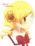  1girl blonde_hair blush bow drill_hair hair_ornament hairpin highres kabuyou long_hair mahou_shoujo_madoka_magica official_style orange_eyes red_bow school_uniform solo tomoe_mami translation_request twin_drills 