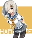  1girl blue_eyes hair_ornament hair_over_one_eye hairclip hamakaze_(kantai_collection) kantai_collection school_uniform serafuku sharlorc short_hair silver_hair smile solo 