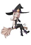  1girl alternate_costume anklet belt beltbra bigdead93 black_gloves boots broom broom_riding brown_hair disgaea elbow_gloves etna etna_(cosplay) eyebrows eyeshadow flat_chest gloves hair_over_one_eye half-closed_eyes hat highres jewelry little_witch_academia long_hair makeup solo sucy_manbabalan thick_eyebrows thigh-highs thigh_boots violet_eyes witch witch_hat 