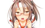  1girl bespectacled brown_eyes brown_hair glasses hachimaki hair_ribbon headband highres japanese_clothes kantai_collection looking_at_viewer ogami_kazuki open_mouth red-framed_glasses ribbon semi-rimless_glasses simple_background solo under-rim_glasses white_background zuihou_(kantai_collection) 