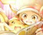  1girl brown_eyes brown_hair cafe_(chuu_no_ouchi) hat hat_ribbon kotone_(pokemon) open_mouth pokemon pokemon_(creature) pokemon_(game) pokemon_hgss raichu ribbon smile twintails 