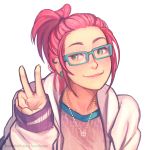  1girl alternate_hairstyle annie_mei annie_mei_project bespectacled blue-framed_glasses caleb_thomas casual glasses green_eyes jacket jewelry long_hair necklace pink_hair ponytail sleeves_past_wrists smile solo upper_body v 