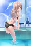  1girl absurdres ass bikini bottle brown_eyes brown_hair highres original pool swimsuit tsumiwara water wet 