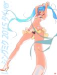  1girl 2015 :q arms_up blue_eyes blue_hair character_name foreshortening from_below goodsmile_company goodsmile_racing hatsune_miku high_heels highres long_hair microskirt navel one_eye_closed racequeen skirt solo tongue tongue_out twintails very_long_hair vocaloid white_background yang-do 