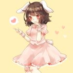 1girl animal_ears arm_up bent_knees brown_hair bunny_tail dress hand_on_own_chin heart inaba_tewi index_finger_raised light_smile looking_at_viewer murro_mi petticoat pink_dress rabbit_ears red_eyes short_hair simple_background solo spoken_heart tail touhou wrist_cuffs yellow_background 
