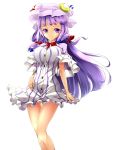  1girl bare_legs breasts capelet crescent_hair_ornament double_bun dress hair_ornament hair_ribbon hand_on_hip long_hair looking_at_viewer mob_cap patchouli_knowledge purple_hair ribbon santa_(kaisou_hikuutei) short_sleeves simple_background smile solo striped striped_dress touhou tress_ribbon very_long_hair violet_eyes white_background 