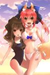  2girls animal_ears bikini breasts brown_eyes brown_hair caster_(fate/extra) cleavage fang fate/extra fate_(series) fox_ears fox_tail hair_ribbon hand_on_hip highres kishinami_hakuno_(female) long_hair multiple_girls navel one-piece_swimsuit open_mouth pink_hair ribbon school_swimsuit swimsuit tail twintails u_(138y) v yellow_eyes 