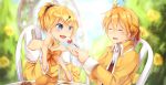  1boy 1girl ahoge aku_no_meshitsukai_(vocaloid) aku_no_musume_(vocaloid) bare_shoulders blonde_hair blue_eyes blush brother_and_sister chair closed_eyes feeding food fork fruit hair_ornament hair_ribbon hairclip highres kagamine_len kagamine_rin mipi off_shoulder open_mouth ponytail ribbon short_hair siblings sitting smile strawberry twins vocaloid 