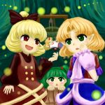  4girls :3 arm_support arm_warmers blonde_hair bottle bow brown_dress bucket cave dress facing_viewer faux_traditional_media fireflies green_eyes green_hair hair_bow hand_on_own_face hand_on_own_stomach horn hoshiguma_yuugi in_bucket in_container kisume kurodani_yamame layered_dress long_hair long_sleeves looking_at_another lying mizuhashi_parsee multiple_girls open_mouth pointy_ears ponytail raised_hand red_eyes scarf short_hair short_sleeves touhou well yuki-ichigo 