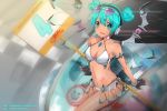  1girl aqua_hair body_writing car double_bun drawingneko fingerless_gloves gloves goodsmile_company goodsmile_racing hatsune_miku headphones highres light_smile looking_at_viewer mechanical_wings motor_vehicle open_mouth racequeen sign sitting solo sunglasses swimsuit tattoo vehicle vocaloid white_swimsuit wings 