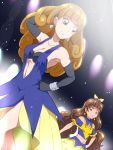 2girls amanogawa_kirara amanogawa_stella black_gloves blonde_hair blue_eyes breasts brown_hair cleavage earrings elbow_gloves gloves go!_princess_precure hairband jewelry long_hair midriff mother_and_daughter multiple_girls navel precure tj-type1 twintails 