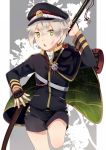  1boy cape green_eyes hat hotarumaru jiman male_focus ootachi shorts silver_hair sode sword touken_ranbu weapon 