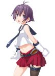  1girl :d antenna_hair blush dd_(ijigendd) gloves kantai_collection navel open_mouth purple_hair red_skirt sakawa_(kantai_collection) short_hair single_thighhigh skirt smile solo thigh-highs violet_eyes 