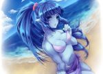  1girl beach bikini blue_eyes blue_hair blue_skin breasts celsius_(tales) cleavage clouds expressionless long_hair nijigami_rin pointy_ears ponytail sarong sky solo swimsuit tales_of_(series) tales_of_eternia water white_bikini white_swimsuit 