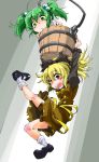  2girls blonde_hair bow bucket green_eyes green_hair hair_bobbles hair_bow hair_ornament hanging_on highres in_bucket in_container kisume kurodani_yamame multiple_girls open_mouth ponytail red_eyes ribbon shinapuu short_hair smile touhou twintails 