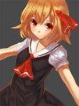  1girl blonde_hair dress hair_ribbon outstretched_arms puffy_short_sleeves puffy_sleeves red_eyes ribbon rumia shirt shone short_hair short_sleeves smile spread_arms touhou 