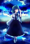 1girl clouds detached_sleeves frog_hair_ornament green_eyes green_hair hair_ornament kochiya_sanae long_hair long_skirt oonusa skirt snake_hair_ornament solo touhou uranaishi_(miraura) very_long_hair