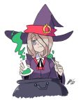  1girl beaker bigdead93 brown_hair cauldron cloak eyebrows eyeshadow hair_over_one_eye half-closed_eyes hat highres little_witch_academia long_hair makeup potion solo sucy_manbabalan thick_eyebrows violet_eyes wand witch witch_hat 