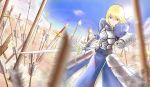  1girl ahoge armor armored_dress arrow blonde_hair blue_sky breastplate dutch_angle excalibur fate/stay_night fate_(series) faulds field_of_blades gauntlets green_eyes halberd highres lens_flare nullnat planted_arrow planted_sword planted_weapon polearm puffy_sleeves saber short_hair sky solo spear sword weapon 