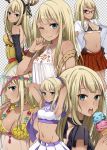  1girl alessandra_susu alternate_hairstyle antlers aqua_eyes bare_shoulders bespectacled bikini blonde_hair blue_eyes blush breasts cheerleader collage earrings food glasses hoop_earrings ice_cream jewelry long_hair looking_at_viewer midriff navel one_eye_closed oniku_(oishii_oniku) open_clothes open_shirt ponytail sakino_shingetsu shirt skirt smile solo sweat swimsuit tan tanline tokyo_7th_sisters undressing 