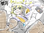  1girl angry arm_warmers blonde_hair clenched_teeth green_eyes hammer mizuhashi_parsee nail pointy_ears scarf shinapuu short_hair solo tears touhou voodoo_doll 