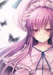  1girl bow butterfly capelet curiosities_of_lotus_asia hat hat_bow highres kobayashi_yoshitaka light_particles long_hair long_sleeves looking_at_viewer mob_cap patchouli_knowledge pink_eyes purple_hair scan scan_artifacts simple_background smile solo touhou upper_body white_background 