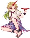  1girl blonde_hair horn hoshiguma_yuugi long_hair red_eyes sakazuki shirt simple_background skirt solo touhou uranaishi_(miraura) white_background 