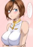  1girl :t apollonia_vaar bare_shoulders blush breasts brown_hair crossed_arms frown granblue_fantasy hair_between_eyes highres large_breasts looking_at_viewer murabito_sono2 pink_background short_hair solo translation_request 