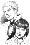  2boys bob_cut bruno_bucciarati bud_(korovsme) graphite_(medium) highres jojo_no_kimyou_na_bouken monochrome multiple_boys prosciutto traditional_media 