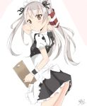 1girl alternate_costume amatsukaze_(kantai_collection) apron arm_behind_head artist_name brown_eyes enmaided hair_ornament hair_ribbon hair_tubes hairband kanisaka_shizuku kantai_collection long_hair looking_at_viewer maid maid_apron maid_headdress ribbon signature silver_hair skirt solo twintails two_side_up uniform white_background windsock 