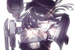  &gt;:o 1girl :o akatsuki_(kantai_collection) angry armor black_hair blew_andwhite clenched_hand greyscale gun hat kantai_collection long_hair looking_at_viewer monochrome open_mouth school_uniform serafuku ship solo sparkle weapon wind 