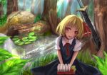  1girl :d blonde_hair blurry depth_of_field dress forest hair_ribbon highres lens_flare nature open_mouth red_eyes ribbon river rumia runes sandwich shirt short_hair short_sleeves sinkai smile sunlight sword touhou tree weapon 