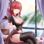 1girl annie_hastur breasts cleavage crossed_legs flower garter_straps green_eyes hairband_removed kinom_(sculpturesky) large_breasts league_of_legends looking_at_viewer navel older parted_lips redhead rose short_hair sitting skirt skirt_lift solo thigh-highs 