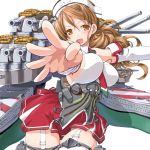  &gt;:d 1girl :d blush bouncing_breasts breasts corset dd_(ijigendd) detached_sleeves garter_straps kantai_collection large_breasts light_brown_hair littorio_(kantai_collection) long_hair machinery open_mouth orange_eyes ponytail red_skirt simple_background skirt smile solo turret wavy_hair white_background 