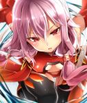  1girl bare_shoulders black_legwear breasts center_opening cleavage detached_sleeves elbow_gloves fingerless_gloves gloves guilty_crown hair_ornament hairclip long_hair looking_at_viewer navel open_mouth pink_hair red_eyes solo thigh-highs twintails xayux yuzuriha_inori 