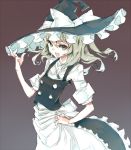  1girl :d apron black_hat blonde_hair bow brown_background gradient gradient_background hand_on_hip hat hat_bow kirisame_marisa open_mouth sato_miya short_hair short_sleeves simple_background skirt skirt_set smile touhou vest waist_apron white_bow witch_hat yellow_eyes 