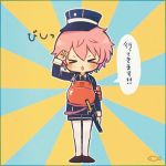  &gt;_&lt; 1boy akita_toushirou ayu_(mog) blush full_body hat legwear_under_shorts lowres male_focus military military_uniform necktie open_mouth pantyhose pink_hair salute sheath sheathed short_hair shorts solo speech_bubble standing tantou touken_ranbu uniform white_legwear 